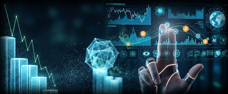 A futuristic digital interface displays complex data visualizations, charts, and graphs, with a robotic hand interacting with the holographic projections.の写真素材