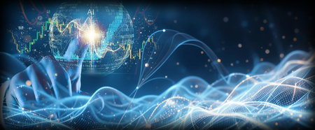 A visually stunning digital artwork depicting ethereal energy waves and particles in a cosmic...