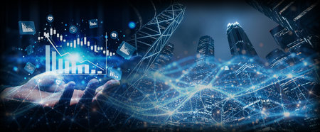 Abstract visualization of global finance and technology. A hand holds a digital stock chart hologram against a backdrop of a connected city with skyscrapers and an energy grid.の写真素材