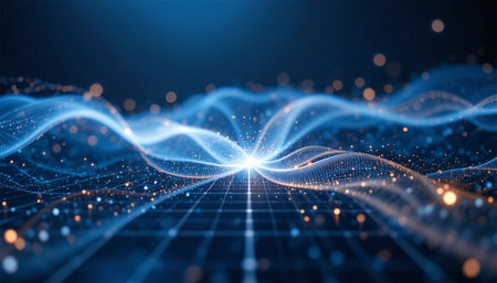 An abstract visualization of a high-tech concept featuring luminous blue light waves flowing across a grid, representing data, energy, or a quantum field with a shallow depth of field.の素材