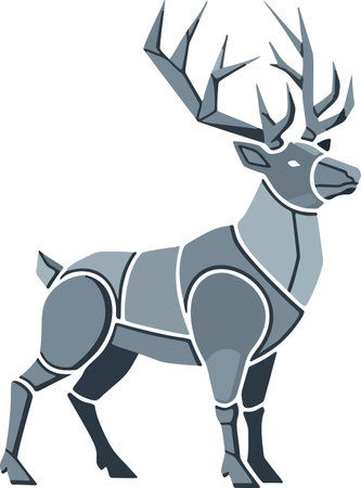 A stylized, geometric illustration of a deer with a segmented body and angular antlers, presented in shades of gray and white.のイラスト素材