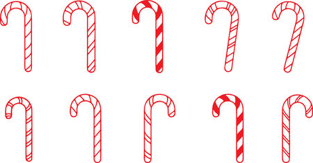 An illustration set featuring ten different candy canes with red and white stripes. The style is reminiscent of watercolor painting, isolated on a clean white background.のイラスト素材