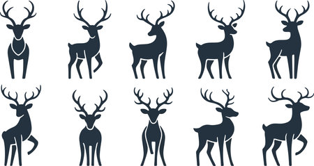 A set of ten distinct deer silhouettes, each showcasing unique postures and antler designs, presented in a clean, minimalist style.のイラスト素材