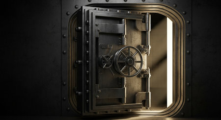 3d rendering of an open bank vault door with a combination lockの素材
