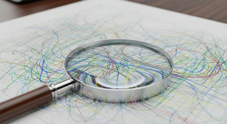 Magnifying glass on a paper with colorful lines. Close-up.の素材