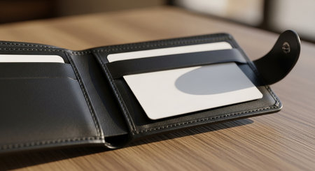 Closeup of black leather wallet with blank card on wooden table.の素材