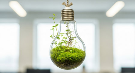 Green plant inside of light bulb on blurred office background. Environment and ecology concept.の素材