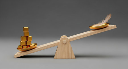 3d rendering of a balance scale with gold and silver coins.の素材