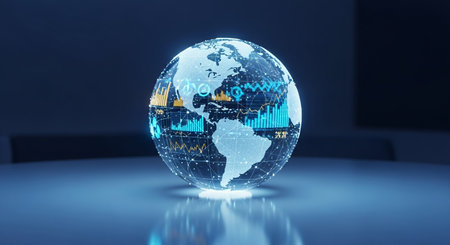 Globe with stock market candlestick chart on blue background. 3D renderingの素材