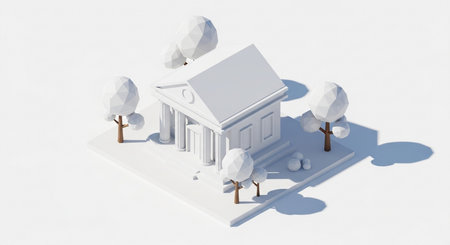 3d illustration of a bank building with white trees on a white backgroundの素材