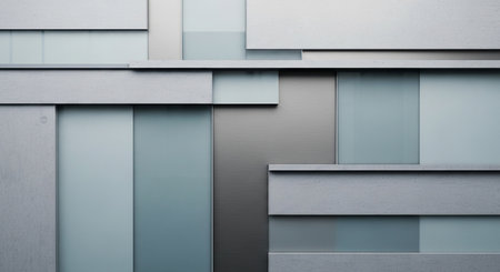 A modern and minimalist abstract background featuring a composition of overlapping rectangular panels in various shades of blue, grey, and white, creating a sense of depth and dimension.の素材
