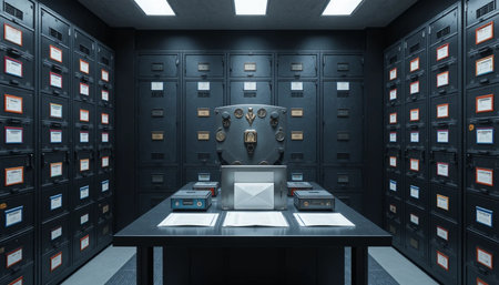 A dimly lit vault interior featuring rows of filing cabinets, a central desk with documents, and a secure, controlled environment.の素材