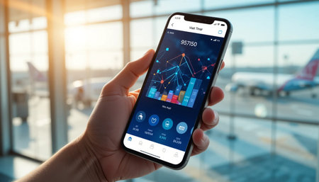 Close-up of a hand holding a smartphone displaying a futuristic digital interface with colorful graphics and data visualizations, set against the blurred background of an airport terminal with airplanes visible through the window at sunset.の素材