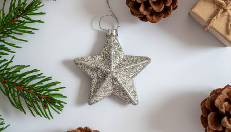 Top view of a Christmas composition featuring a sparkling silver star ornament surrounded by natural pine cones, fir tree branches, and a small gift on a clean white background.の素材