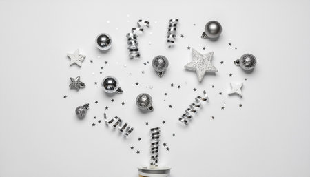 A festive explosion of silver confetti, stars, and baubles erupting from a party popper against a clean white background.の素材