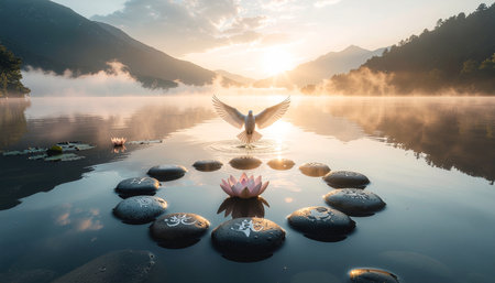 A tranquil scene featuring a lotus flower surrounded by stones in a lake, with mountains and a sunrise in the background.の素材