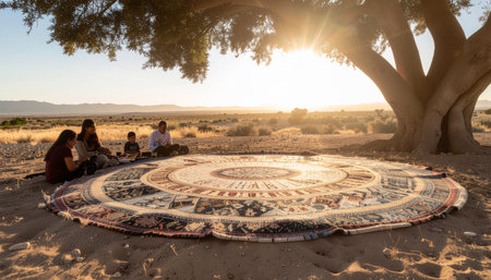 A family sits around a large rug under a tree in a desert landscape during sunset. The rug has intricate patterns.の素材