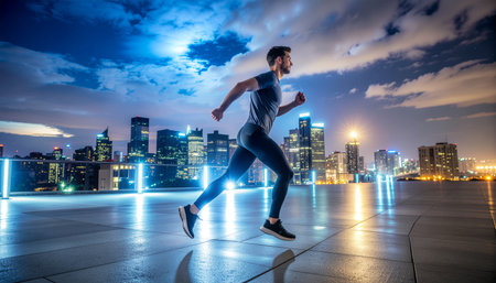 A determined man runs through a modern city at night, illuminated by vibrant neon lights and the glow of skyscrapers.の素材