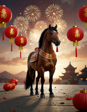A stunning brown horse stands proudly amidst a vibrant Lunar New Year celebration, complete with glowing red lanterns and a dazzling fireworks display.の素材