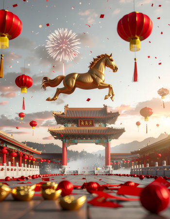 A vibrant Chinese New Year scene featuring a golden horse leaping over a traditional gate, surrounded by lanterns and festive decorations.の素材