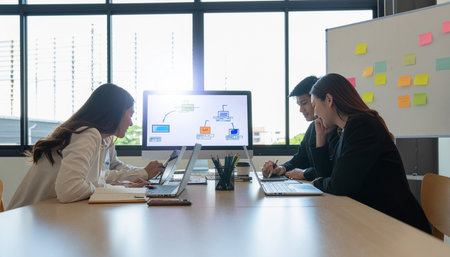 Three professionals are engaged in a productive meeting, discussing project progress and planning future steps.の素材