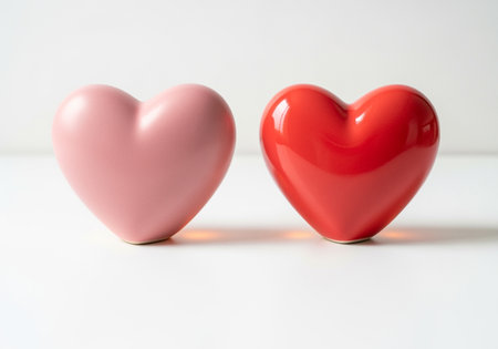 Two shiny ceramic hearts, one soft pink and the other vibrant red, sit together on a white table. Minimalist concept for Valentines Day or an anniversary celebration.の素材