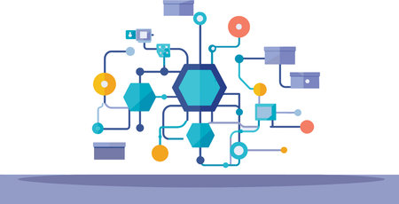 A complex digital network illustration featuring hexagonal nodes and connecting lines, symbolizing data flow and connectivity.のイラスト素材
