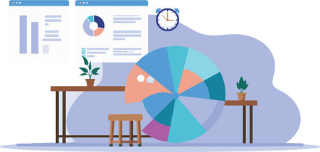 A vibrant illustration featuring a large, segmented pie chart and a business analytics dashboard with charts and graphs.のイラスト素材