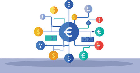 A central Euro symbol connects to various other currency symbols like Dollar Yen Pound and Yuan in a network diagram illustrating financial connectionsのイラスト素材