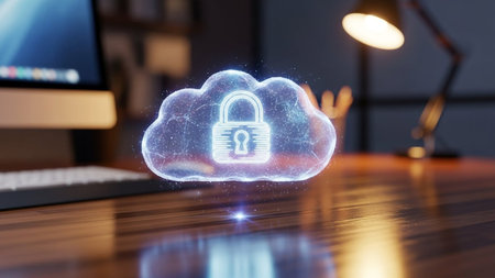 A glowing cloud icon with a padlock symbolizes secure cloud computing and data protection on a desk with a computer.の素材