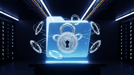 A glowing digital folder with a padlock symbolizes data security and privacy in a futuristic server room.の素材