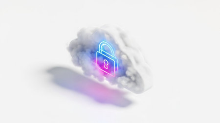 A vibrant neon padlock icon, glowing with blue and pink hues, emerges from a soft, white cloud, symbolizing robust cloud security and data protection in a digital environment.の素材