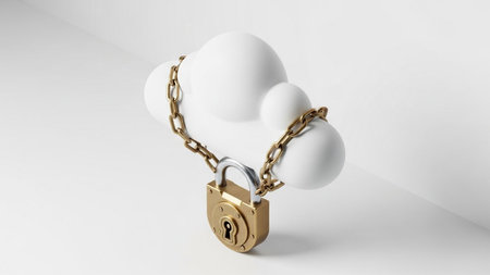 A conceptual image representing cloud security, featuring white clouds secured by a golden padlock and chain against a plain background.の素材