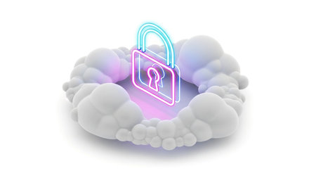 A vibrant, glowing padlock icon is centrally positioned within a circular arrangement of fluffy white clouds, symbolizing secure cloud computing and data protectionの素材