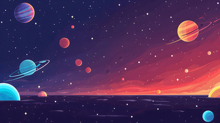Doodles of space including planets, stars and other celestial bodies.の素材