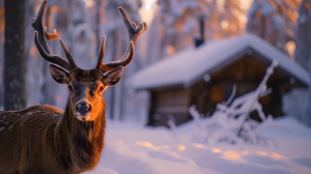 Noble deer in winter forest in Finnish Lapland against the background of a snow-covered forest hutの素材