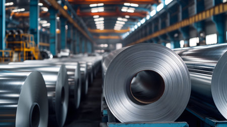 Sheet metal coils in an industrial environment. Rolls of galvanized sheet steel in the factory.の素材
