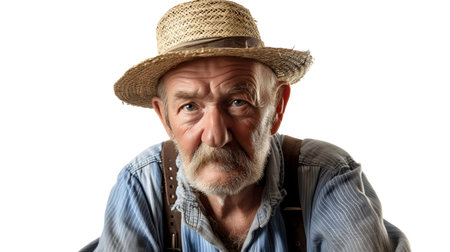 Portrait photograph of male farmer looking at the camera. Wearing farmers clothing and a straw hat.の素材