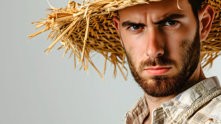 Portrait photograph of male farmer looking at the camera. Wearing farmers clothing and a straw hat.の素材