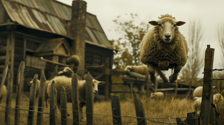 Sheep escaping from farm by jumping over a wooden fence. Other sheep are watching.の素材