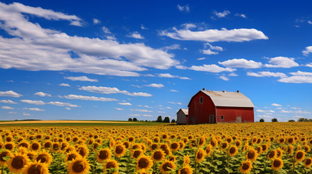 Sunflower field with a clear blue sky above and a red barn in the distance, photographの素材