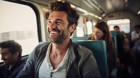 Photograph of a smiling man sitting in a train/bus. Man traveling with public transport.の素材