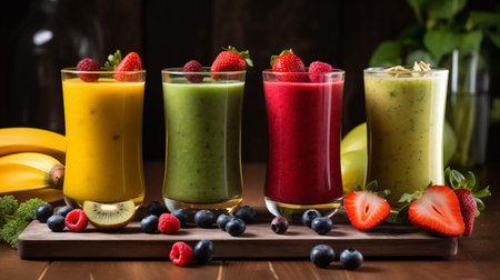 Photograph of multiple Fresh Fruit Smoothies with Berries, Kiwi, and Greens, on a table.の素材