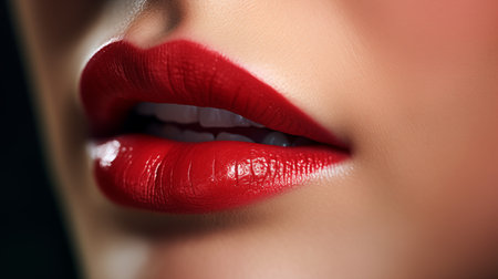 Close-Up of Woman's Red Lips with Softly Textured Skin. Beauty and Makeup Conceptの素材