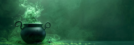 Halloween Witch Cauldron with Green Smoke and Spiders on Backgroundの素材