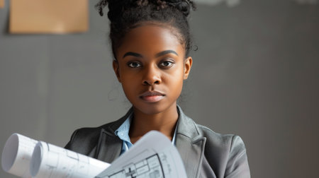 African American Female Architect with Blueprints in Blazerの素材