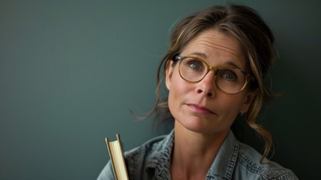 Caucasian Female Teacher Wearing Glasses and Holding Bookの素材