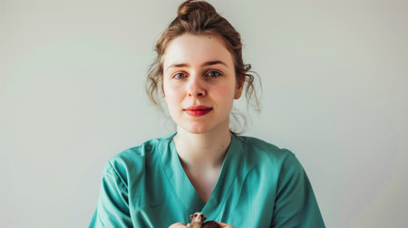 Caucasian Female Veterinarian in Scrubs Holding Small Animalの素材