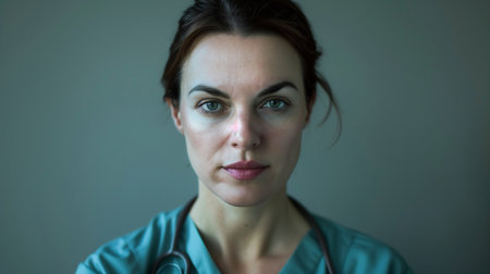 Caucasian Female Nurse in Blue Scrubs with Stethoscopeの素材