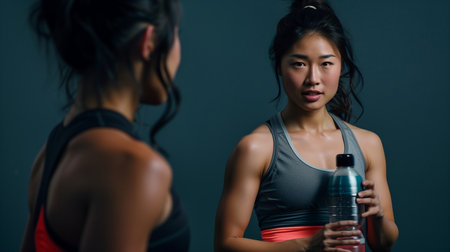 Asian Female Fitness Trainer Holding Water Bottleの素材